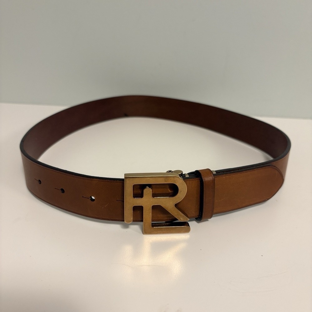 Vintage Ralph Lauren RL Plaque Buckle Leather Belt Made in England 90s Brown XS